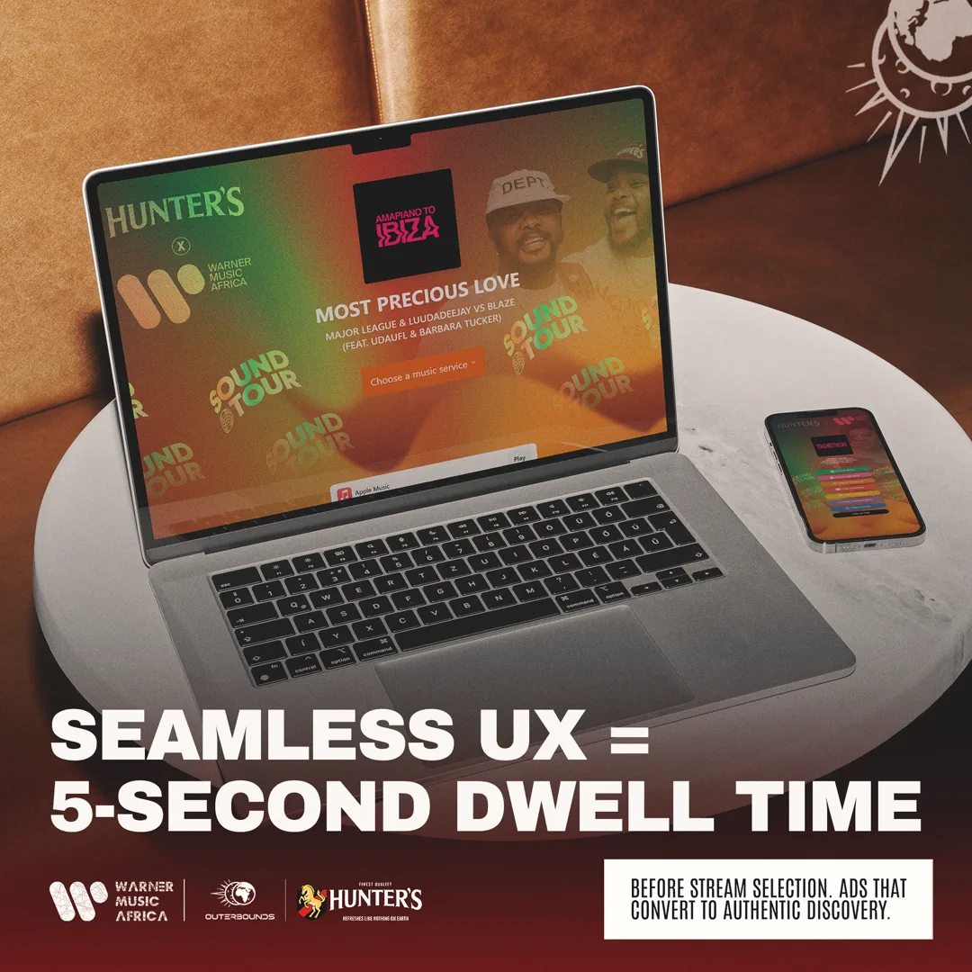 The Sound Tour landing site Outerbounds built — a branded Hunter's × Warner Music Africa streaming experience, shown on laptop and phone